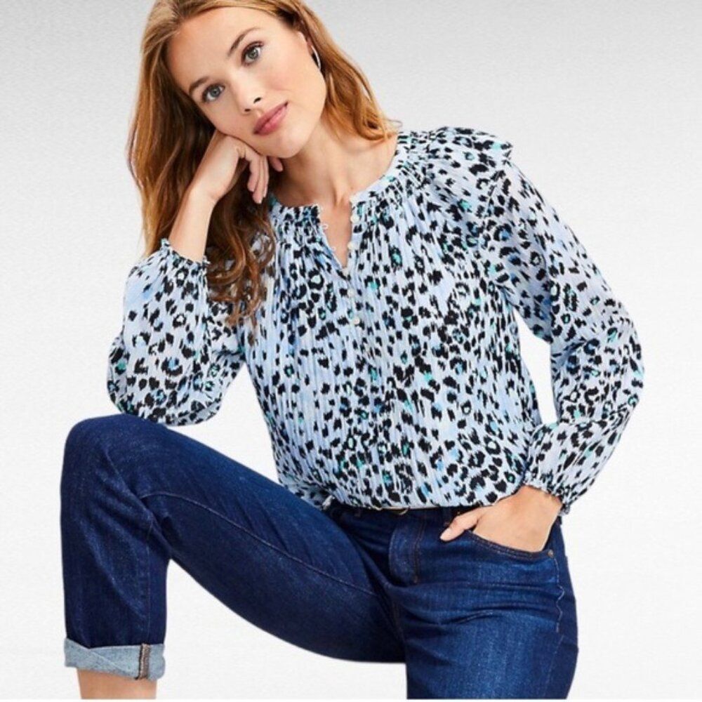 LOFT animal print smocked split neck long sleeve blouse in blue Size L